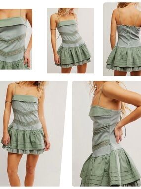 Free People Bliss Beauty Mini Dress Lily Pad Blue Green Lace Tiered Size L NWT
